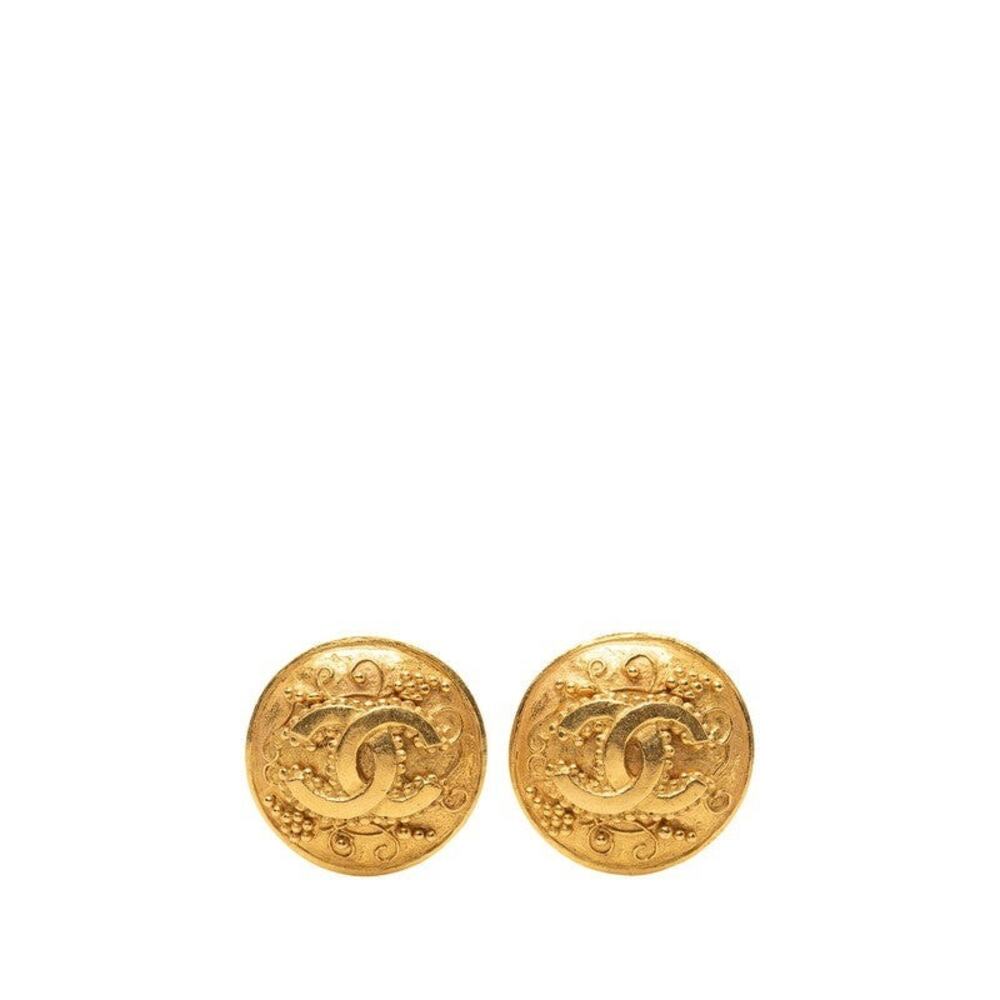Chanel CC Logo Round Gold Plated Earrings
